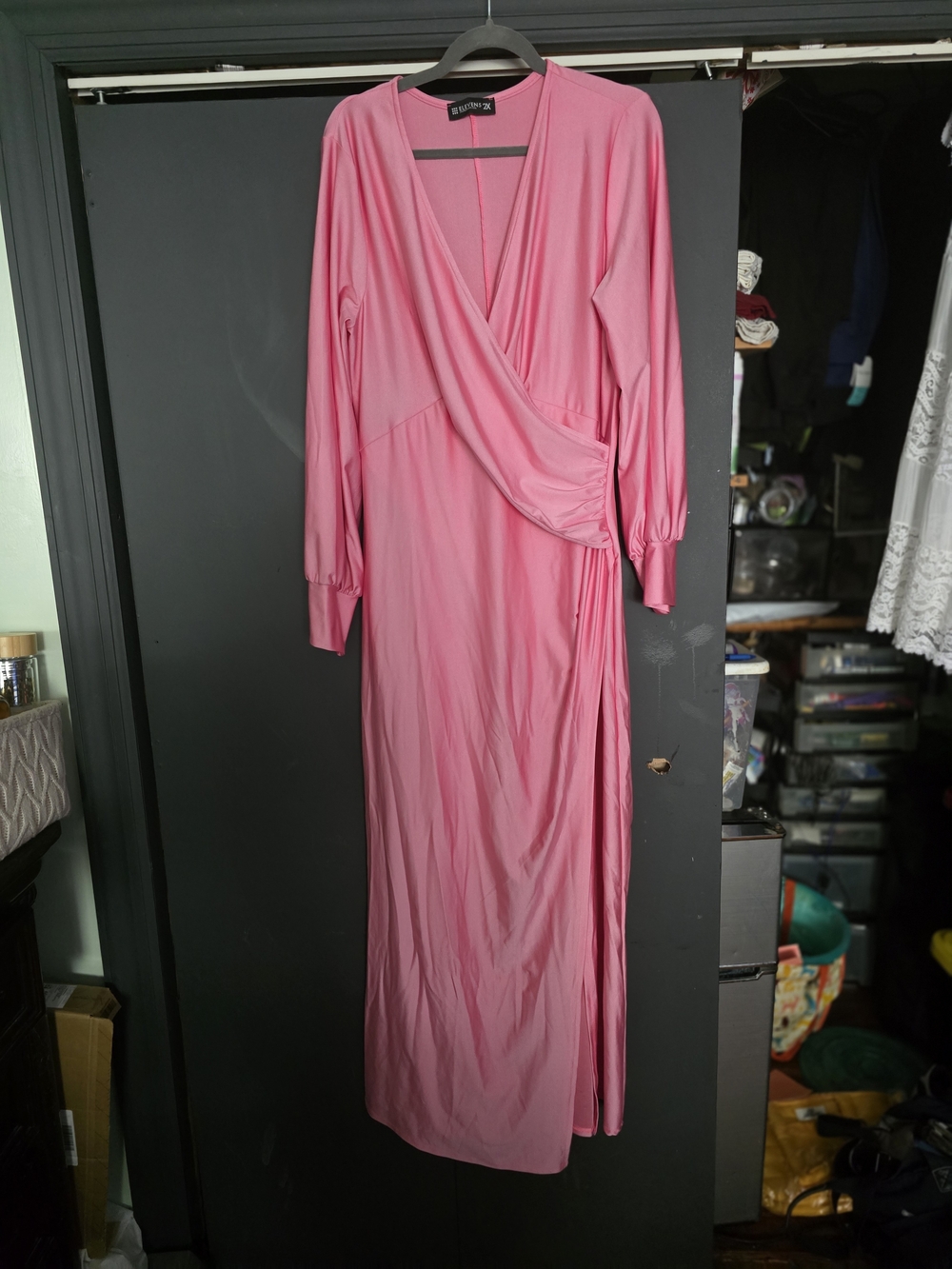 Rhea Pink Wrap-Style Maxi Dress with Long Sleeves
